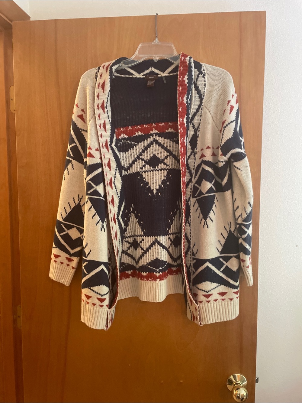 Open-Front Aztec Knit Cardigan Sweater - Cream, Black & Rust Accents